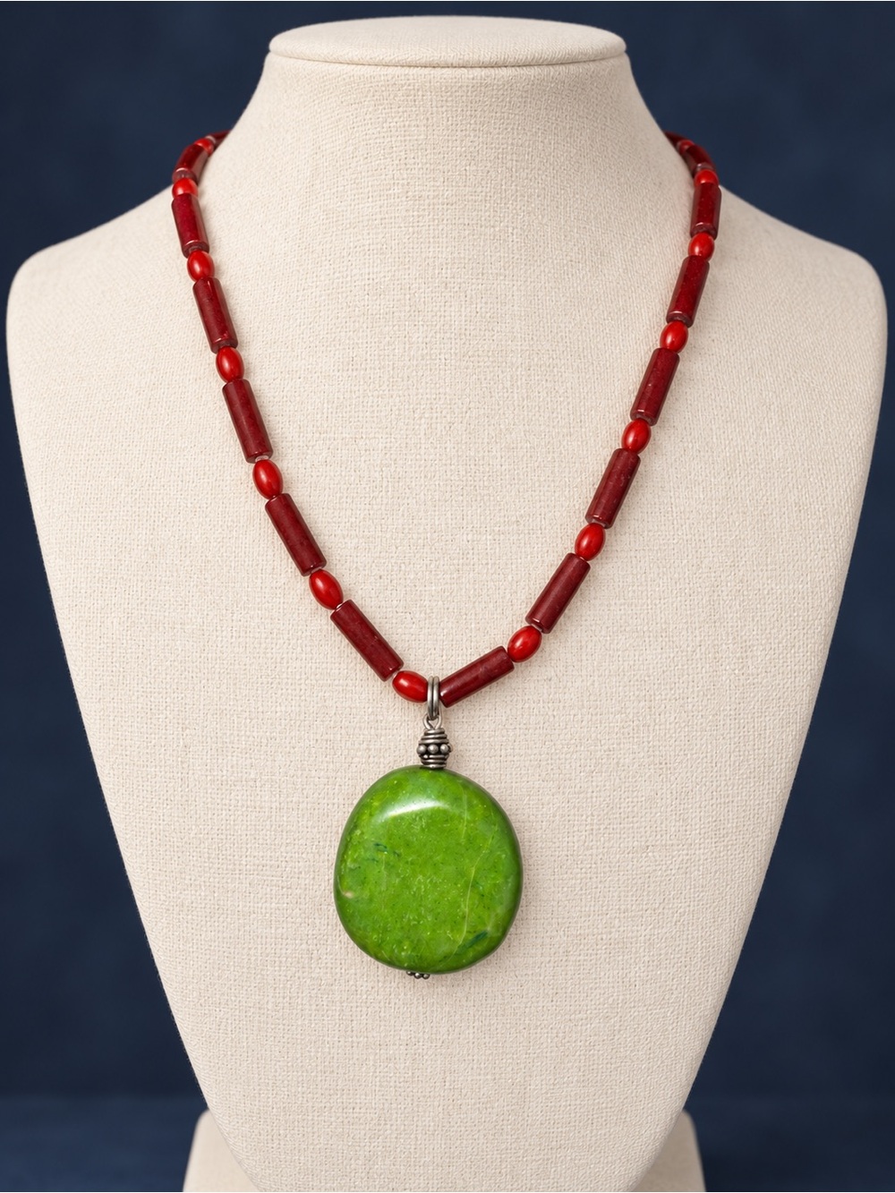 Hand Crafted Red coral Bead Necklace with Green Stone Pendant